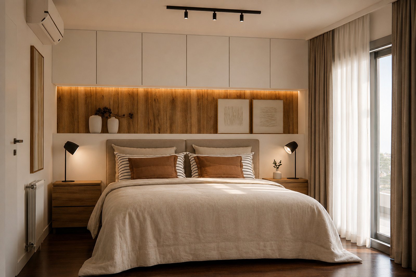 Dormitorio moderno con paredes de madera y luz indirecta — proyecto Diseño cálido de departamento, por Mela Deco Design, en Rosario