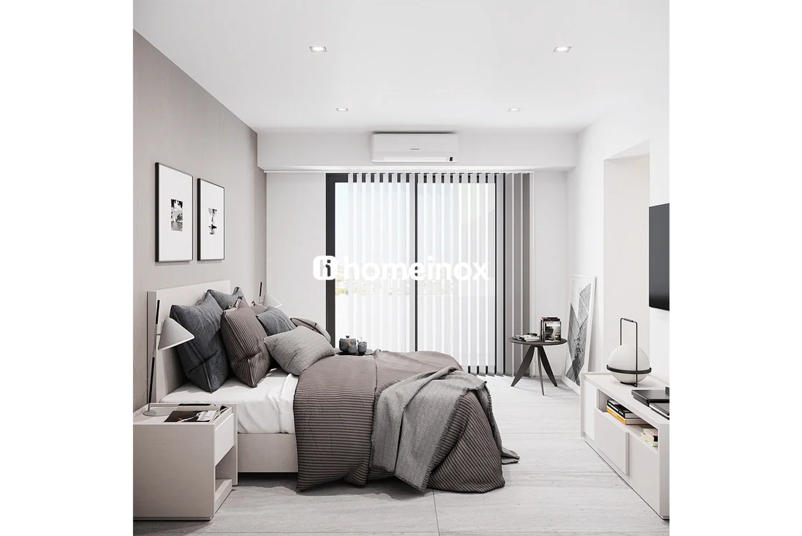 Dormitorio moderno con zona de estar integrada y grandes ventanales — proyecto Grupo Quirico (Armony - Villa Urquiza), por homeinox, en Díaz Colodrero & Avenida Congreso