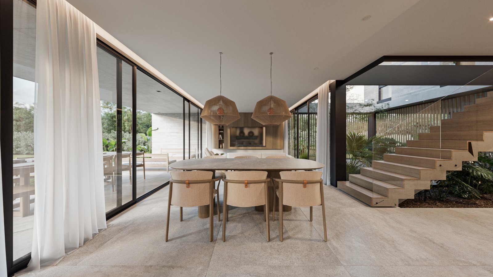 Comedor moderno abierto con luces tejidas y mucha luz natural — proyecto Casa BEAT, por Grupo CRBN, en Av. de los Lagos 1815
