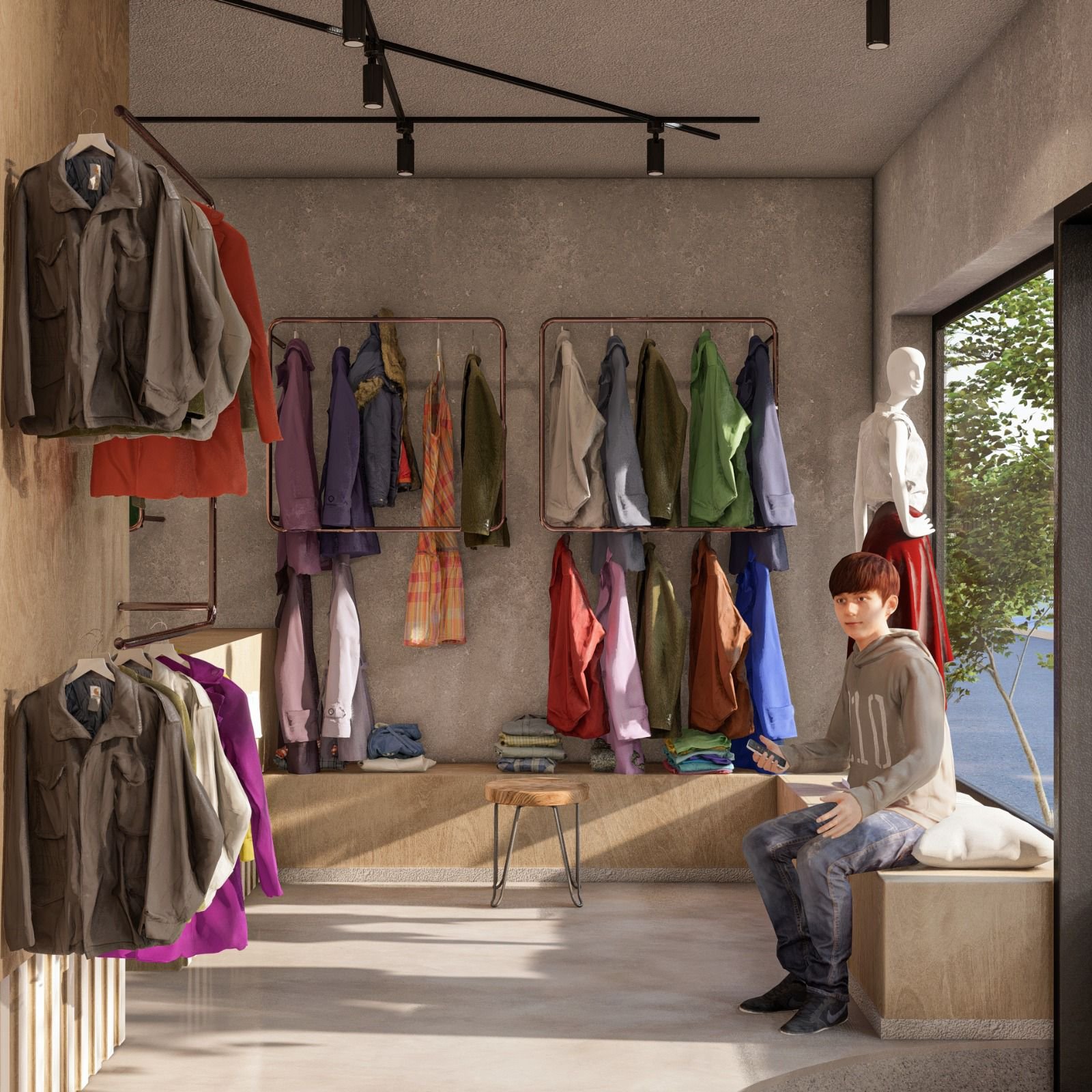Loja de roupas com estética industrial e detalhes modernos — projeto LOCAL DE INDUMENTARIA, por TD Interiorismo, em San Fernando del Valle de Catamarca