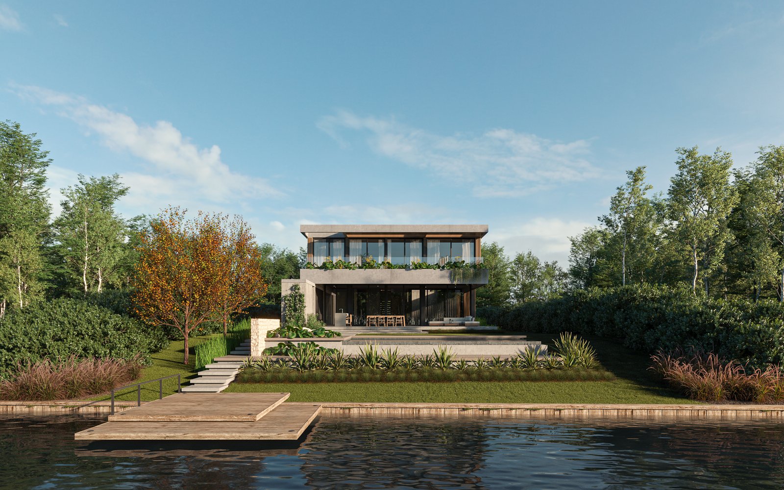 moderna casa à beira do lago com deck de madeira — projeto Casa PUERTOS, por Grupo CRBN, em Provincia de Buenos Aires