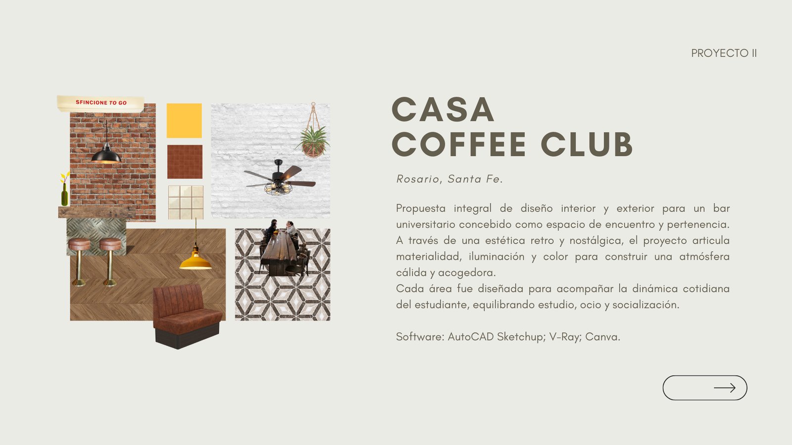 Proposta de design de interior para cafeteria, materiais e mobiliário — projeto CASA coffee club, por Camila Gajardo, em Rosario