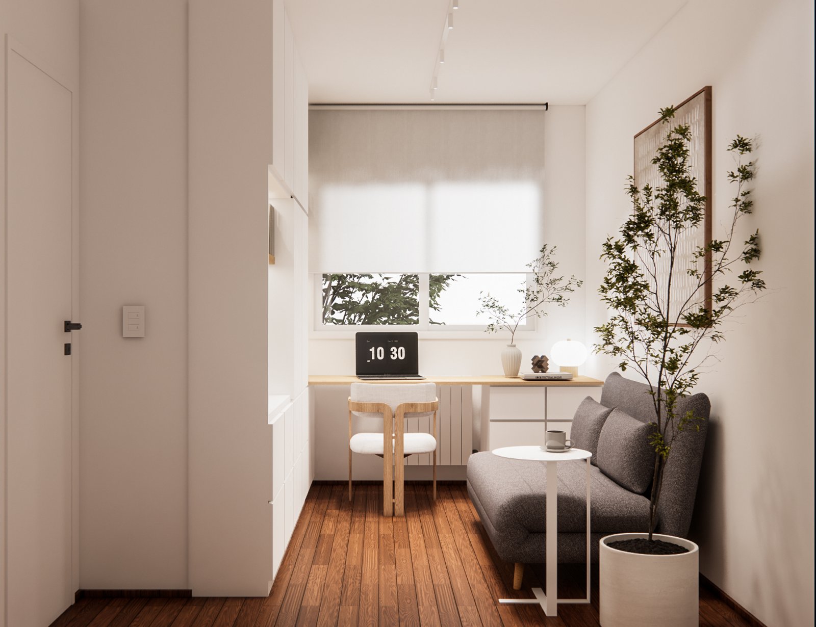 Oficina hogareña minimalista con sofá y planta alta — proyecto Home office en espacio reducido, por Mela Deco Design, en Buenos Aires