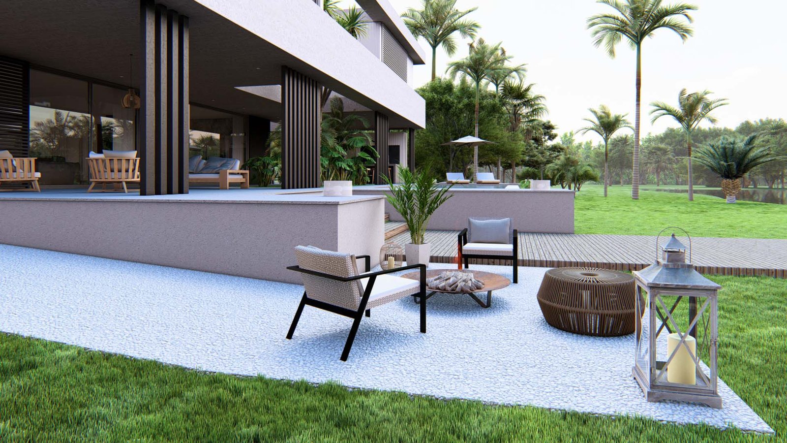 Patio moderno con mobiliario negro y estructura de pérgola — proyecto Casa TL, por Hermann Arquitectos, en J95J+2C