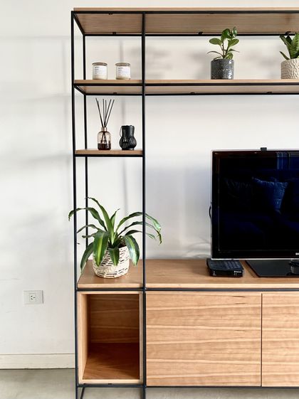 Estantería industrial con plantas y televisor sobre mueble madera — proyecto Nahuel huapi, por Tali Estudio, en Villa Urquiza