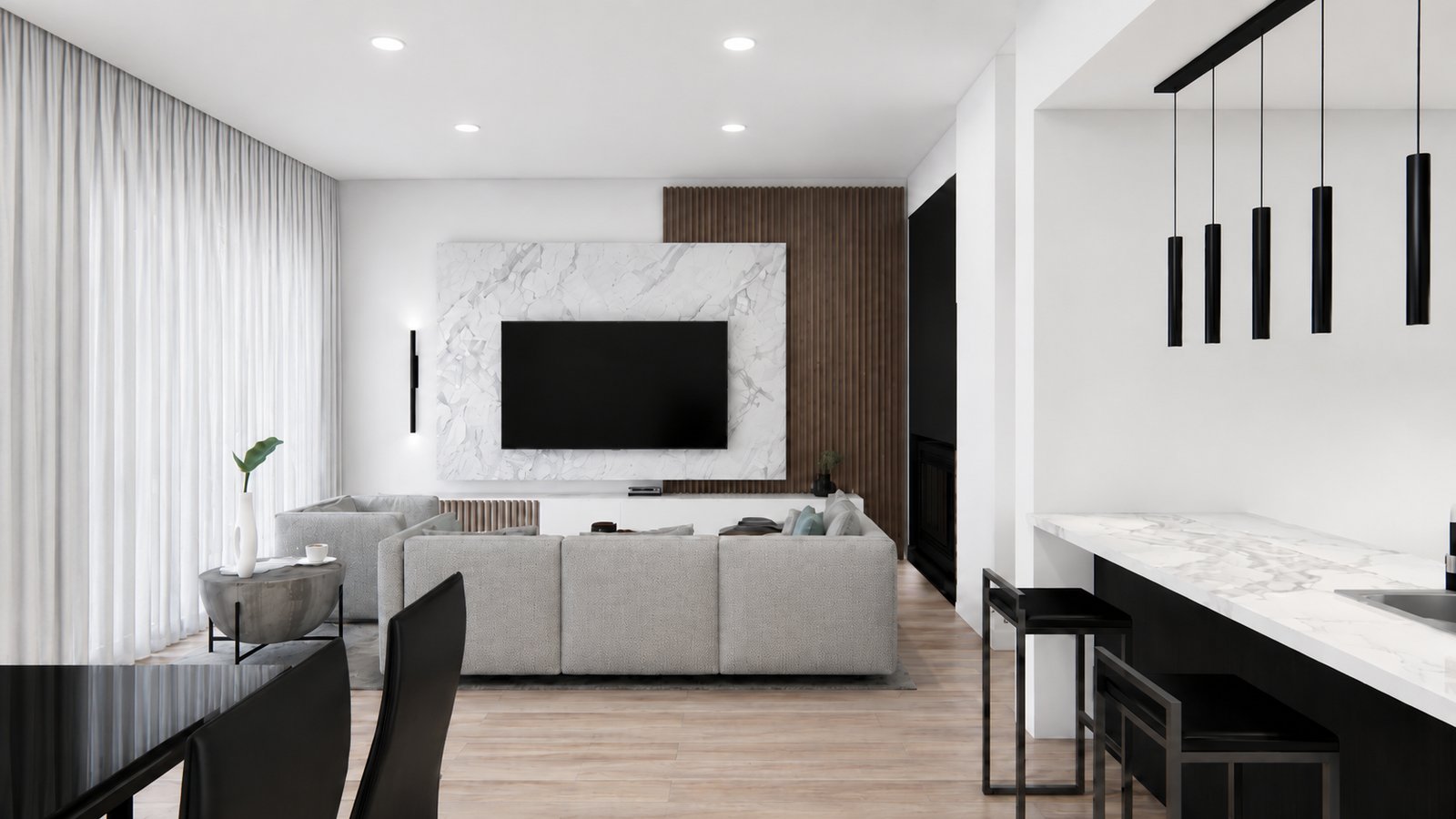 Living moderno con pared de mármol y mucha luz natural — proyecto Casa Ávalos, por WILSON ARQUITECTURA, en Ingeniero Maschwitz