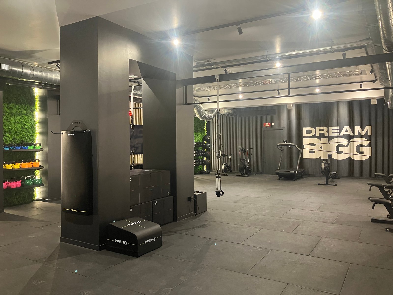 Gimnasio moderno industrial con equipo negro y luces neutras — proyecto BIGG EIXAMPLE, por GeN Arquitectura, en Carrer del Consell de Cent
