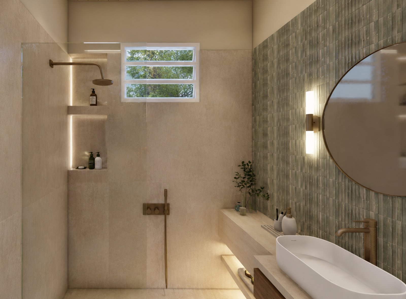 Baño moderno con azulejos texturizados y grifería dorada — proyecto Baño AE, por vetainteriores, en Mariano Marull