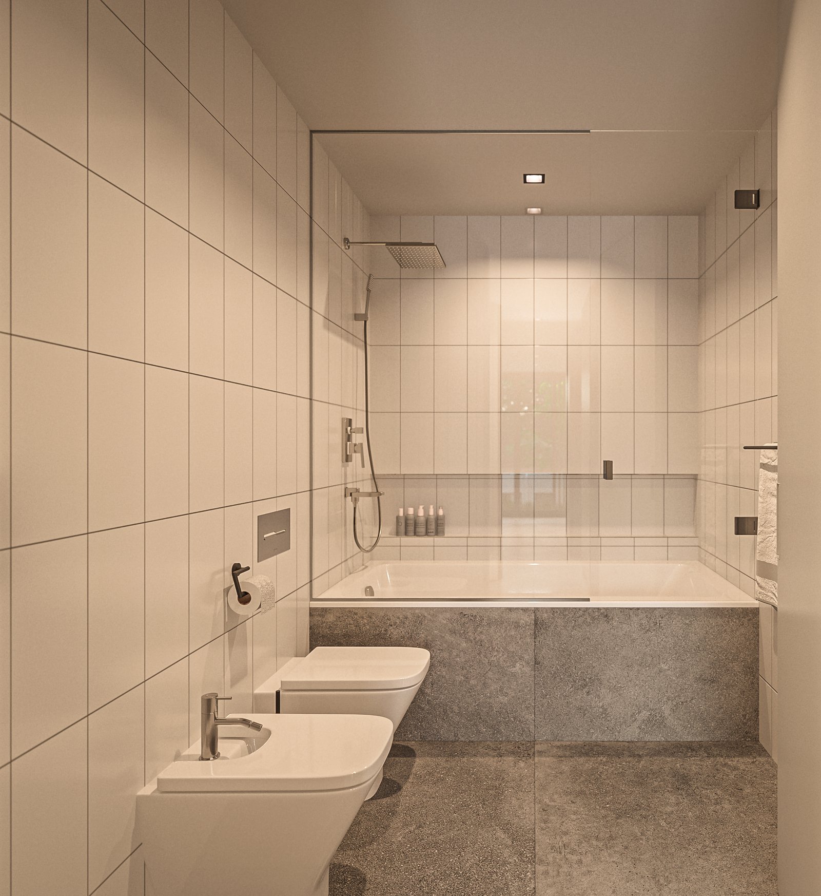Banheiro moderno com azulejos grandes, detalhes em pedra e chuveiro de teto — projeto Casa IZA, por Grupo CRBN, em Villa Urquiza