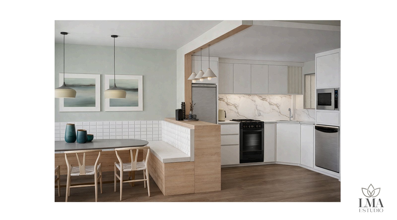 Cocina comedor moderna estilo escandinavo con isla y detalles en madera — proyecto A&A Dormi en Club de Campo, por LMA Estudio , en Provincia de Buenos Aires