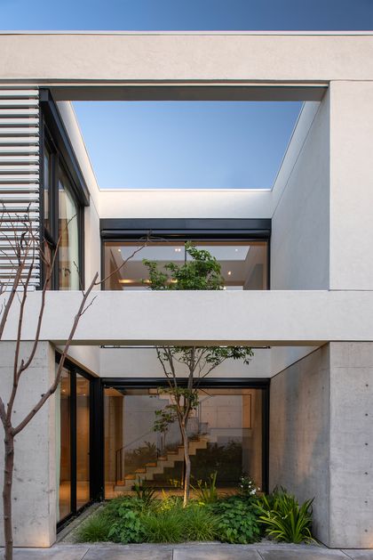 Fachada moderna de concreto con patio central y vegetación integrada — proyecto CASA SD28, por GMARQ, en Buenos Aires