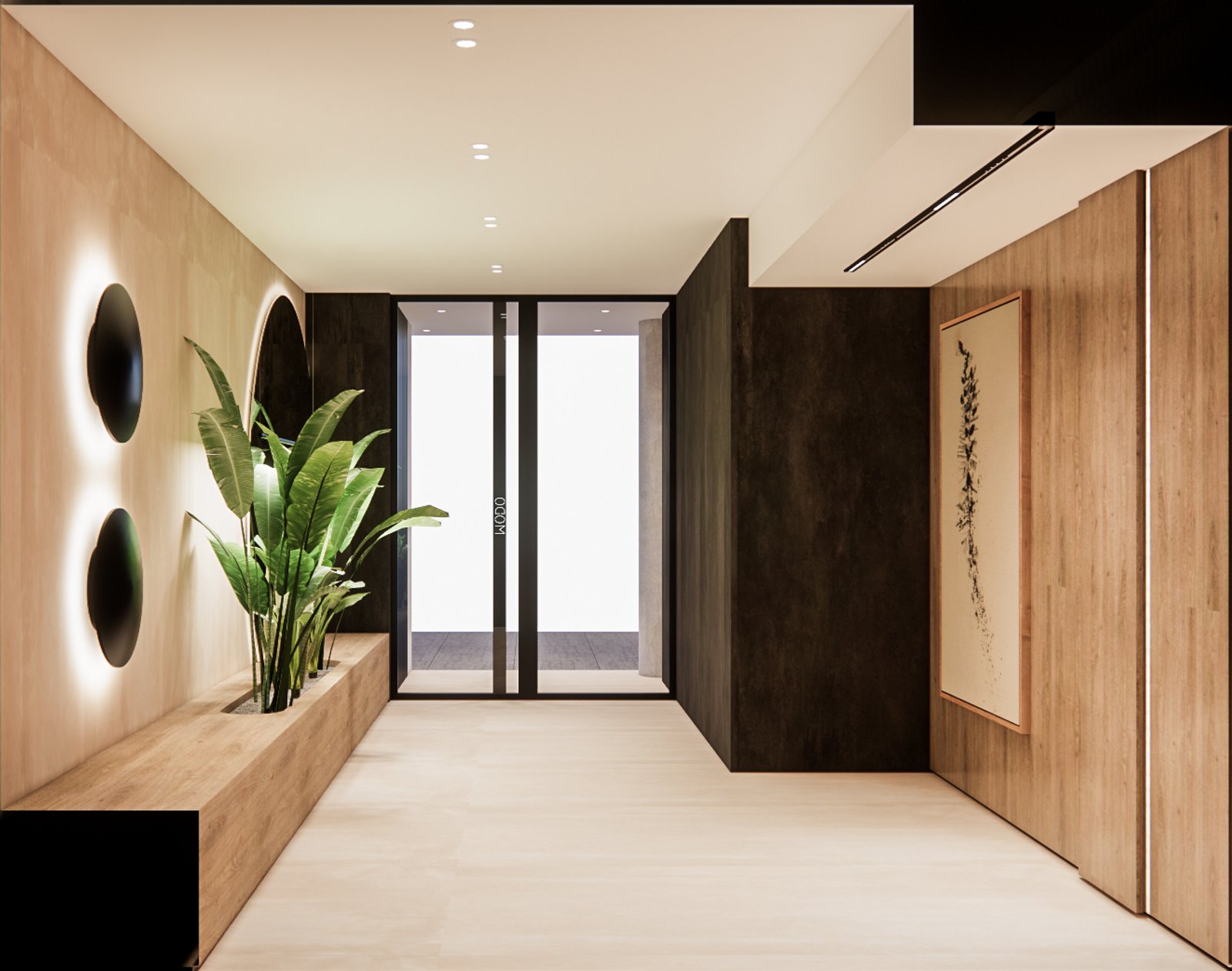 Hall de entrada moderno con madera natural y luz cálida — proyecto Real Estate, diseño de hall de ingreso y palieres, por Mela Deco Design