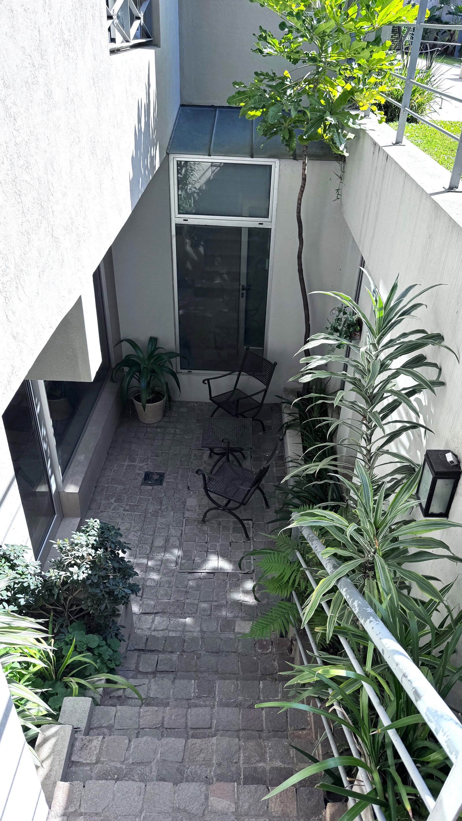 Patio moderno con piedra, hormigón y vegetación — proyecto Villa Isidro Hotel Boutique & Spa, por Hermann Arquitectos, en San Isidro