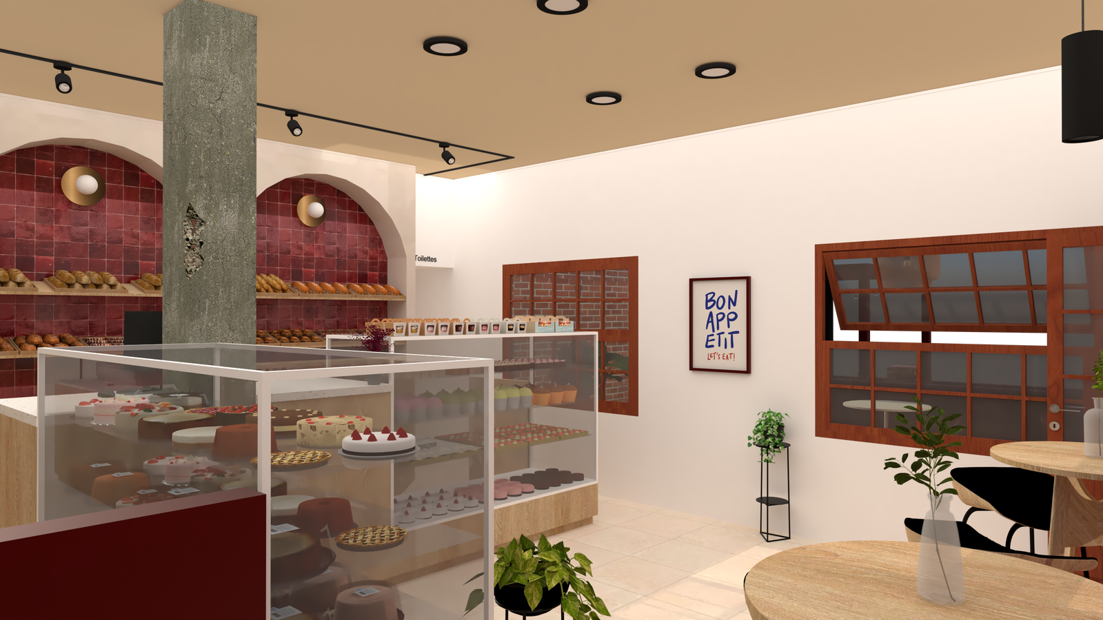 Interior de padaria moderna com vitrines curvos e iluminação quente — projeto Proyecto Sueño de Atlantis, por ivanadesign.estudio, em Nueva Atlantis