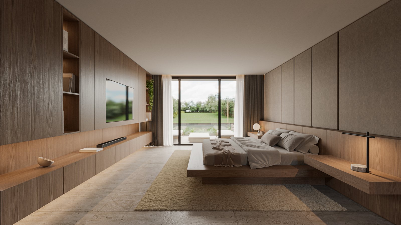 Dormitorio moderno con paneles de madera y vista al campo — proyecto Casa CALMA, por Grupo CRBN, en Av. de los Lagos 100