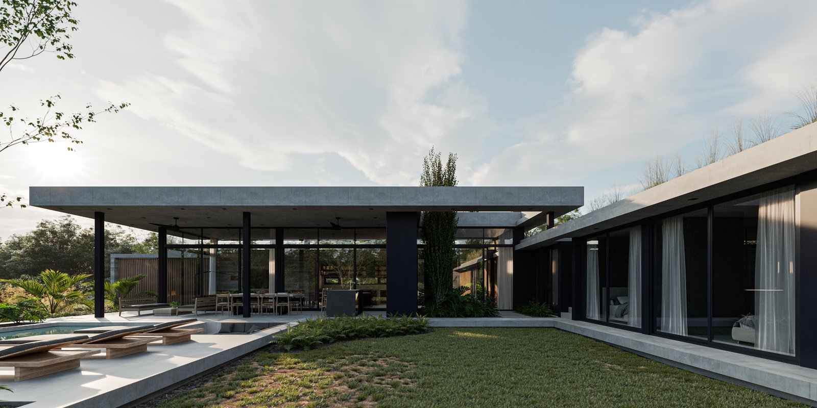 Casa moderna con techo volado, amplios ventanales y deck exterior — proyecto Casa LAZO, por Grupo CRBN, en B2812 Exaltación de la Cruz