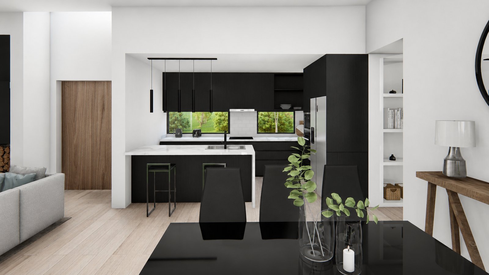 Cozinha moderna, conceito aberto, ilha preta, sala e jantar integrados — projeto Casa Ávalos, por WILSON ARQUITECTURA, em Ingeniero Maschwitz