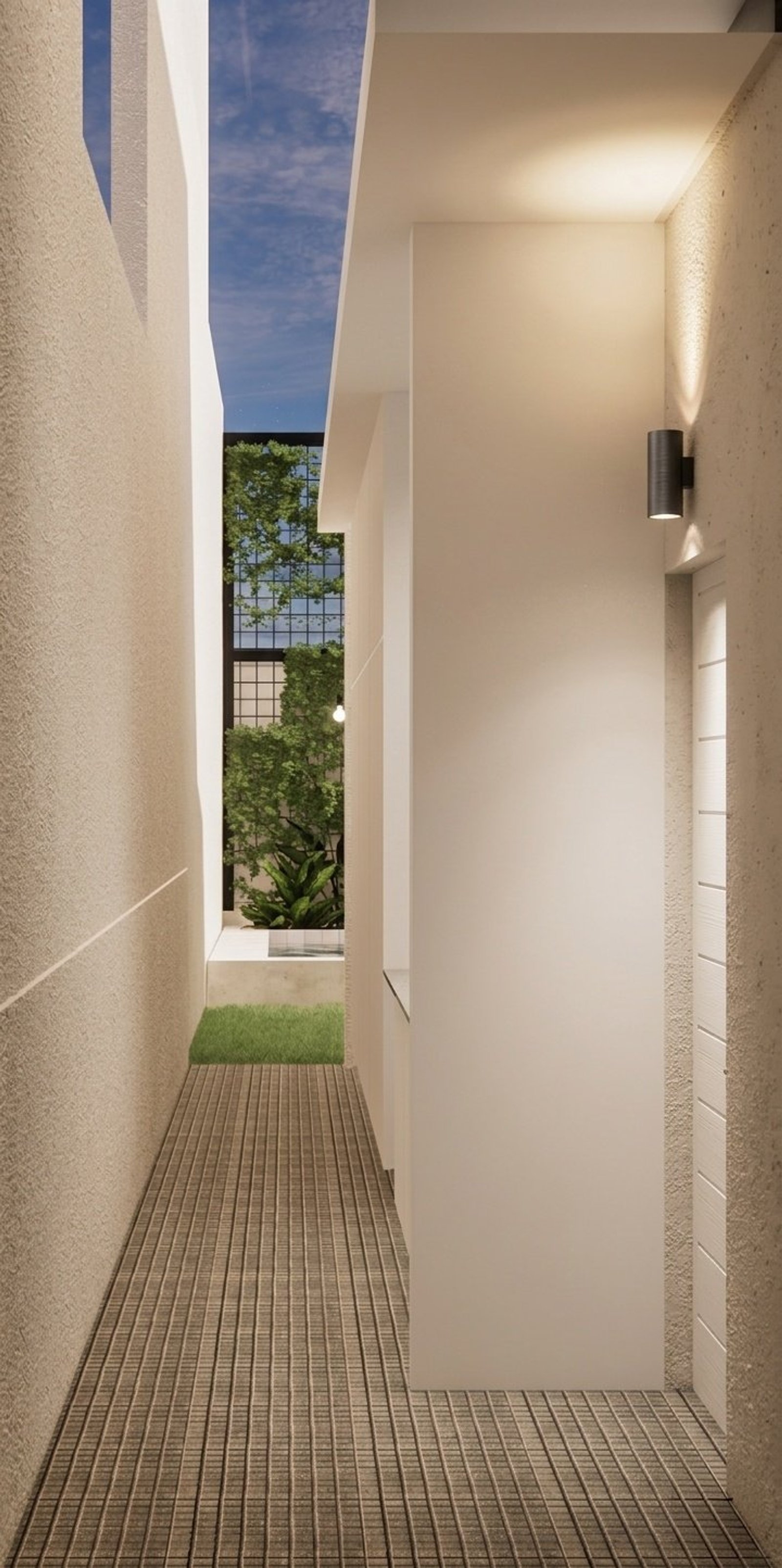 pasillo estrecho exterior con tragaluz y vegetación exuberante — proyecto Diseño cálido de patio, por Mela Deco Design, en Buenos Aires