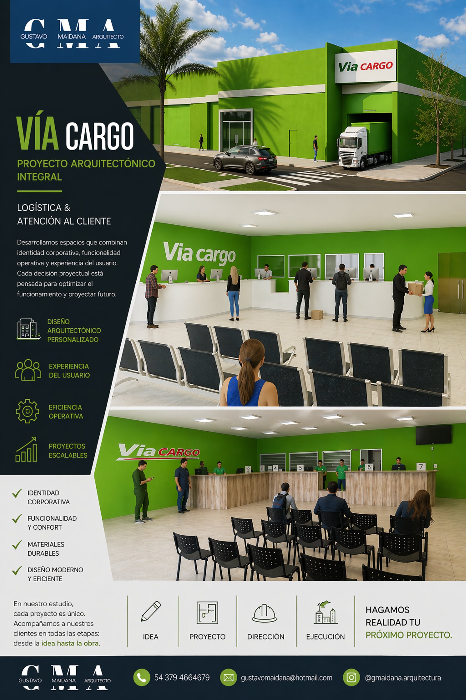 Oficina moderna con recepción y sala de espera — proyecto Obras Varias, por Arquitecto Gustavo Maidana, en Corrientes