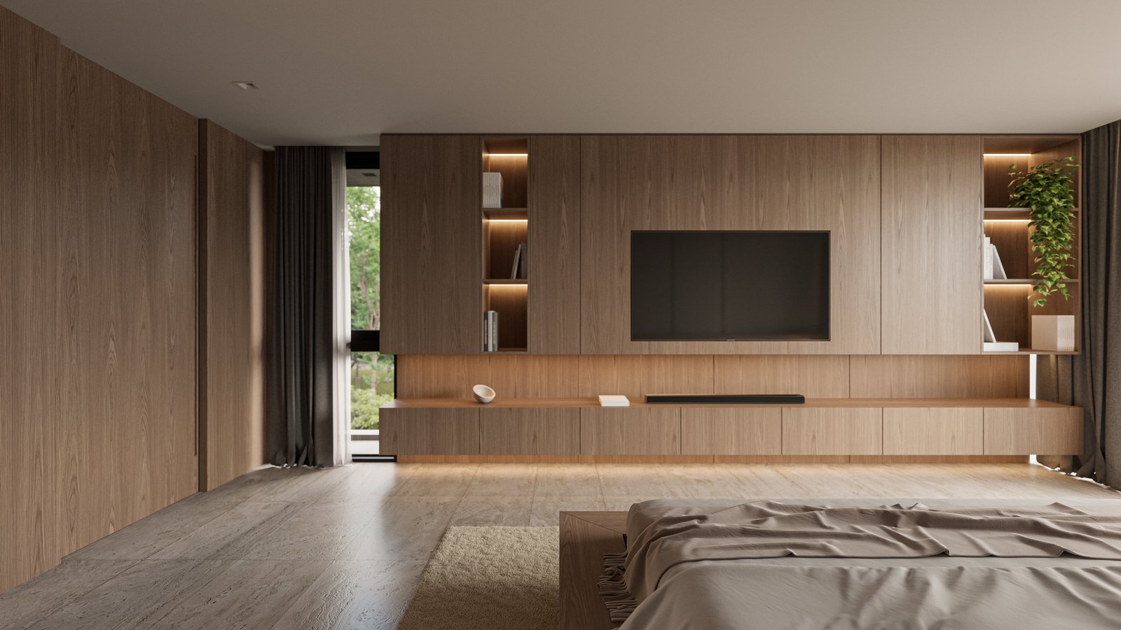 Living y dormitorio moderno con paneles de madera y luz cálida — proyecto Casa CALMA, por Grupo CRBN, en Av. de los Lagos 100