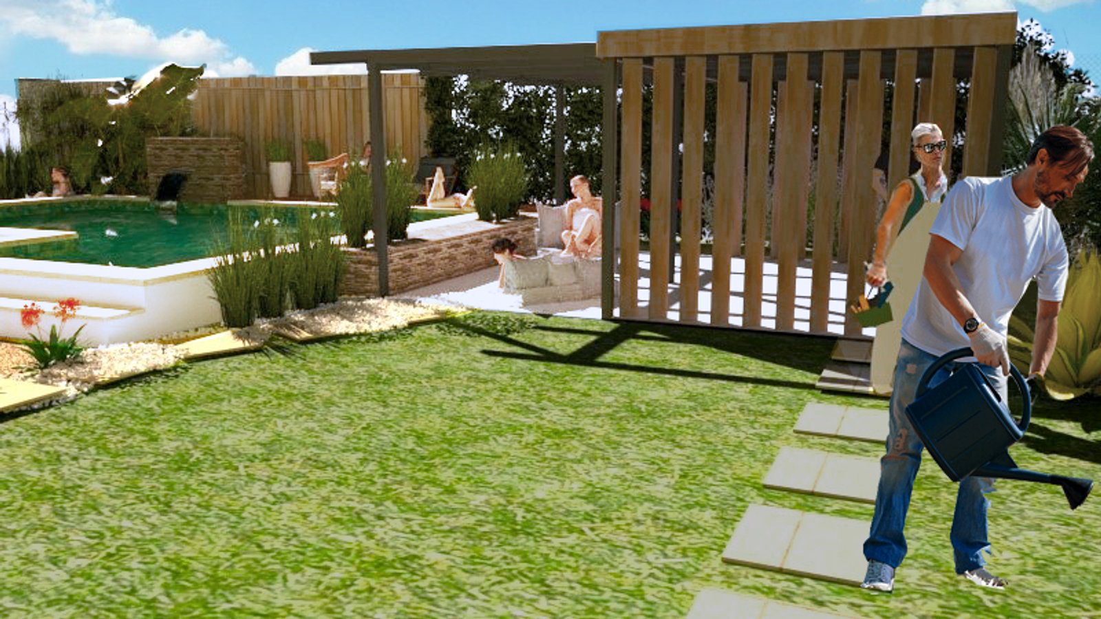 Jardín moderno con piscina, deck de madera y pérgola — proyecto Armonia integral, por GV neuroarquitectura e interiorismo+confort, en Villa María