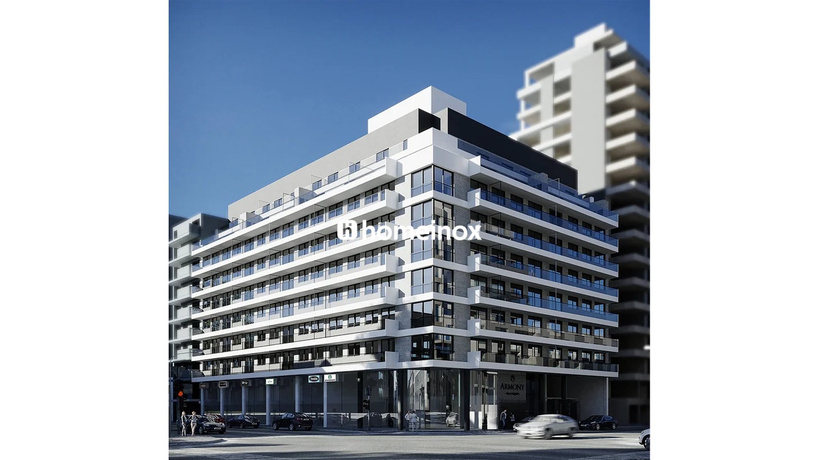 Edifício comercial moderno de vários andares com fachada de vidro — projeto Grupo Quirico (Armony - Villa Urquiza), por homeinox, em Díaz Colodrero & Avenida Congreso