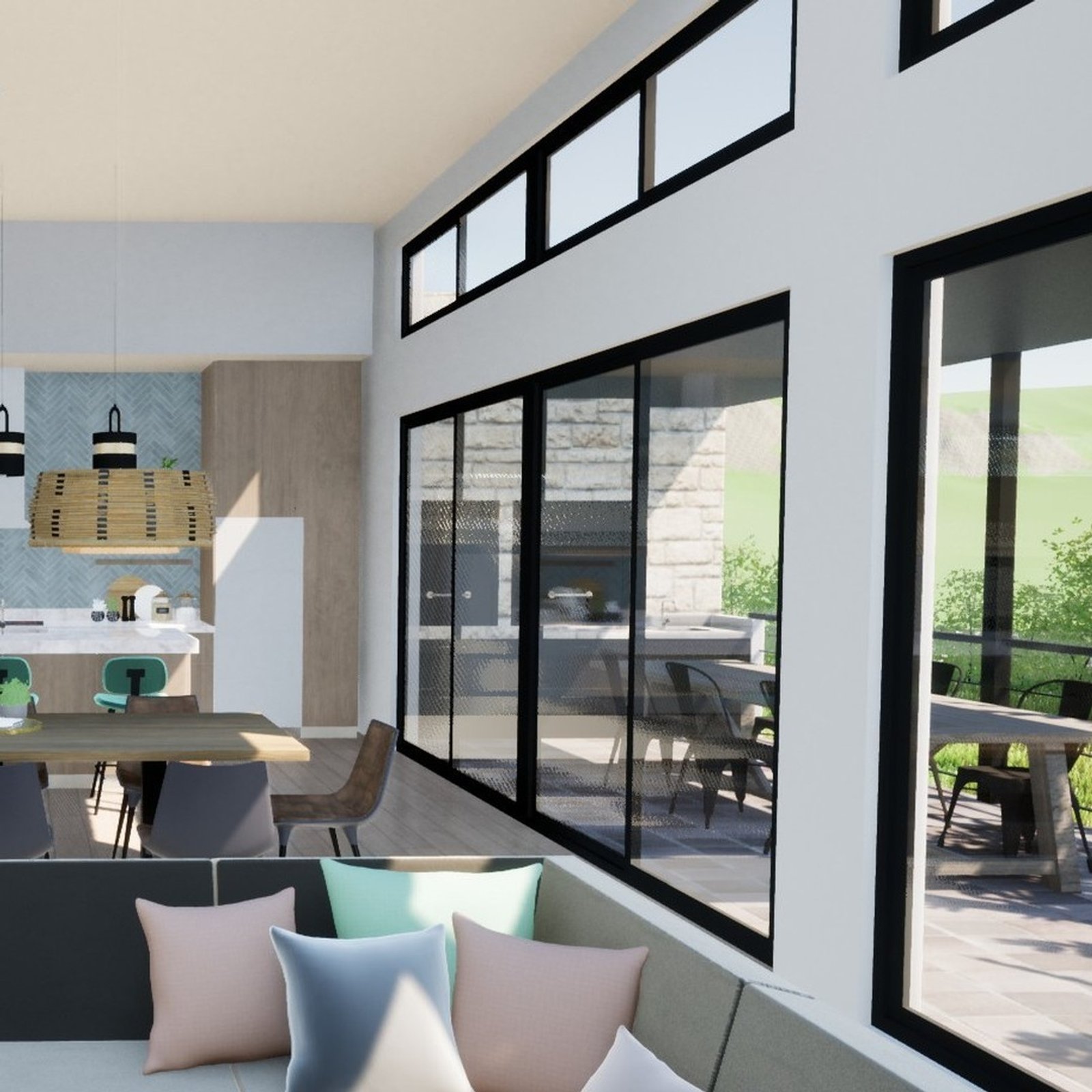 Sala de jantar e estar moderna com janelas amplas e mesa de madeira — projeto Casa Las Vertientes, por Luciana González Anderson, em Salta