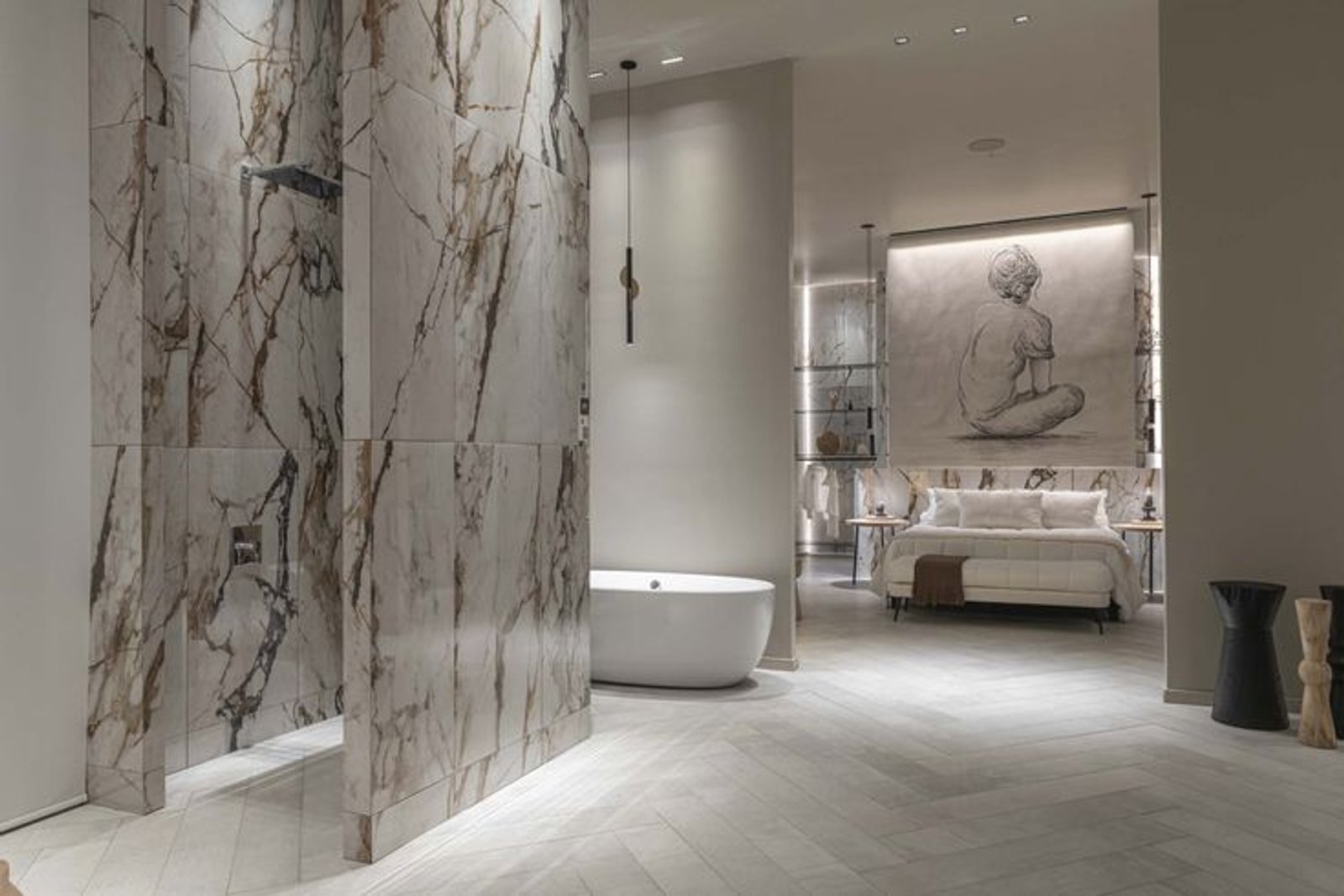 Baño de lujo con arte y dormitorio integrados — proyecto Casa Foa Parque de la Innovación, por Vite Porcellanato, en Buenos Aires
