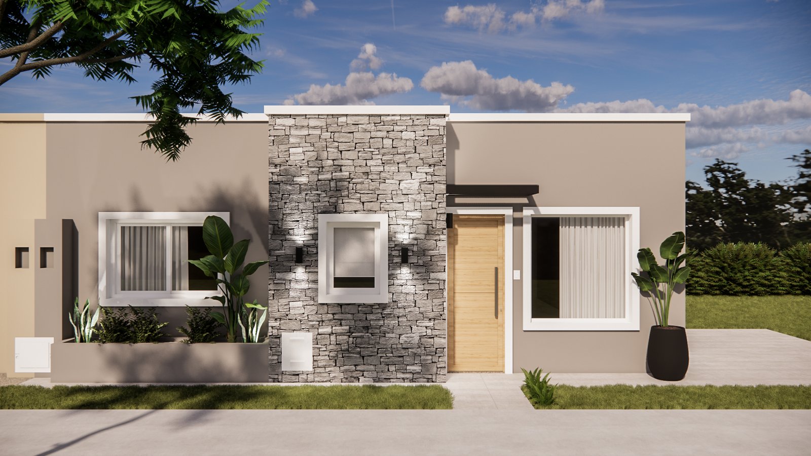 Fachada moderna con detalles en piedra y grandes ventanales — proyecto Diseño moderno de fachada, por Mela Deco Design, en Buenos Aires