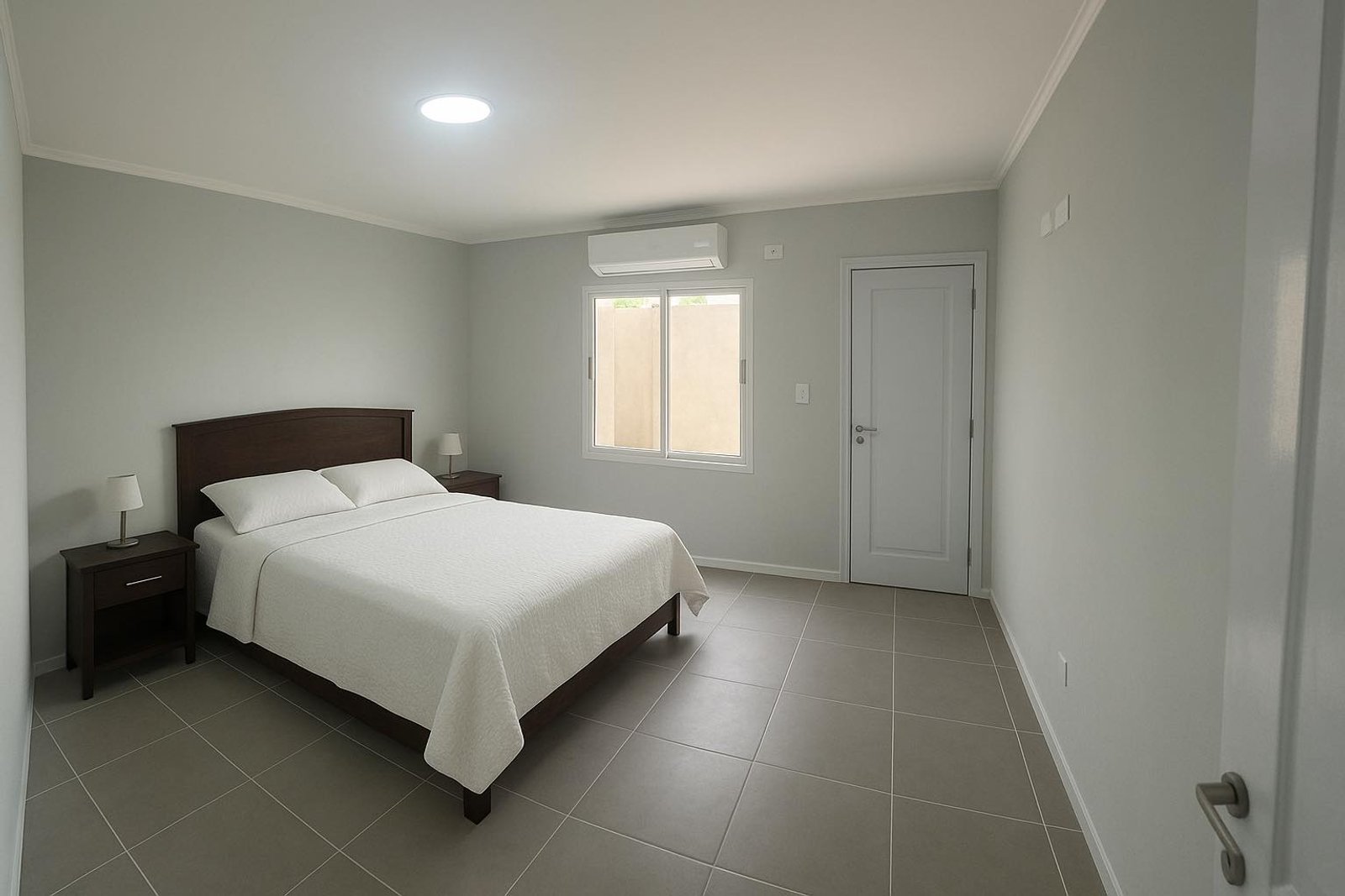 Quarto moderno com cama king-size e móveis de madeira escura — projeto Complejo de Departamentos, por Arquitecto Gustavo Maidana, em Caá Catí