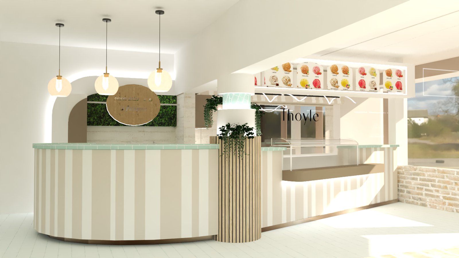 Interior moderno de local comercial con mostrador a rayas y luces colgantes — proyecto HELADERIA THOYLE, por Amorosi Espacios de Diseño, en Luis Beltrán