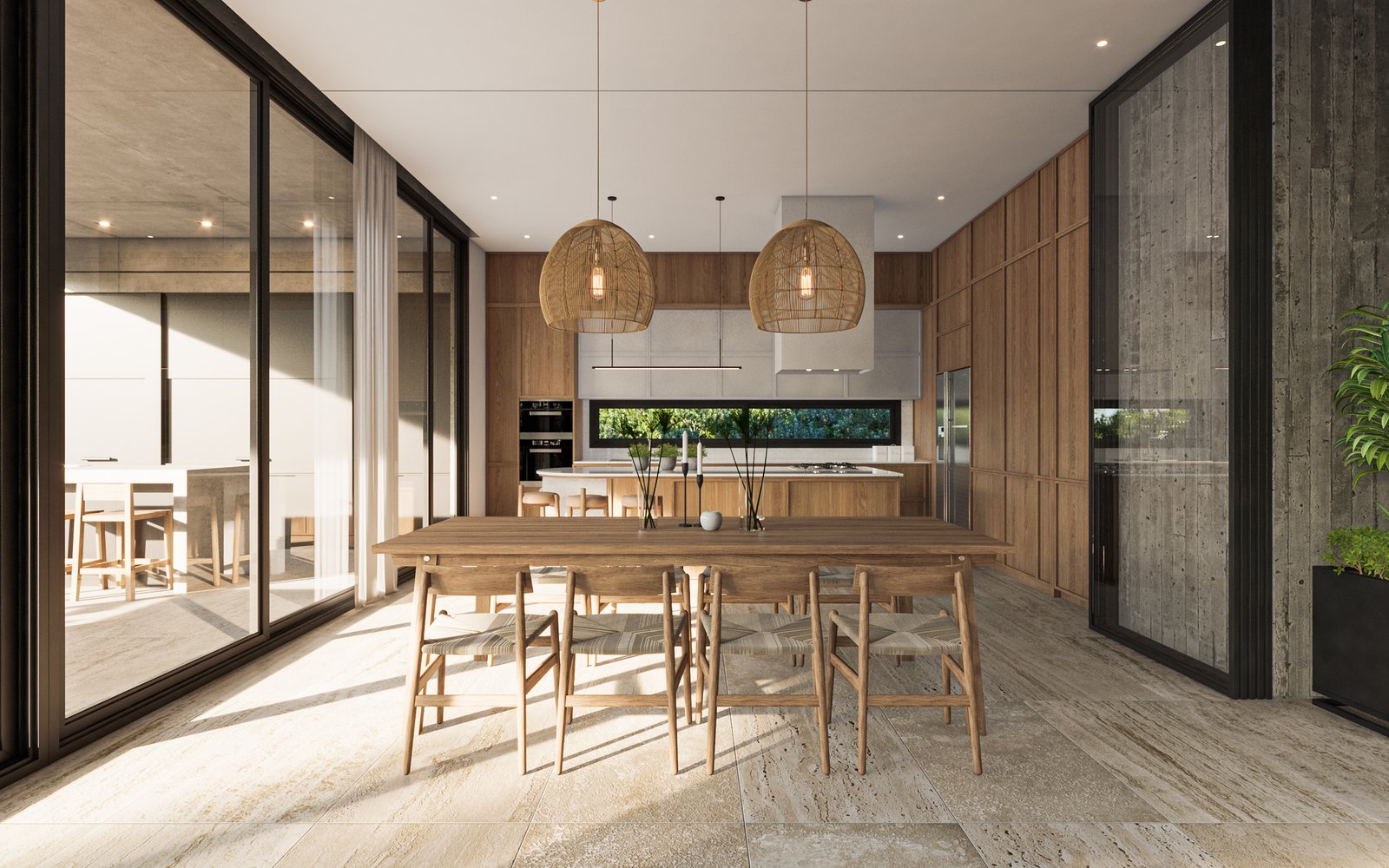 Comedor moderno con mesa de madera, sillas minimalistas y grandes ventanales — proyecto Casa PUERTOS, por Grupo CRBN, en Provincia de Buenos Aires