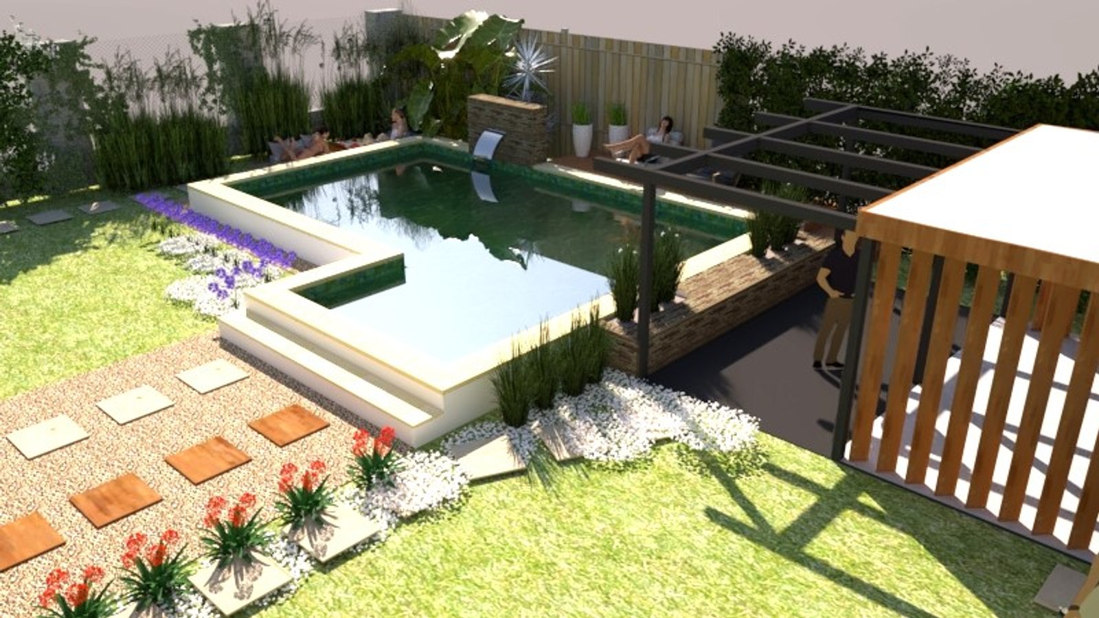 Area de piscina moderna con spa integrado y pérgola de madera — proyecto Armonia integral, por GV neuroarquitectura e interiorismo+confort, en Villa María