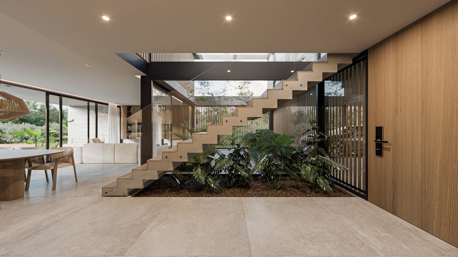 Interior moderno com jardim interno e escada flutuante — projeto Casa BEAT, por Grupo CRBN, em Av. de los Lagos 1815