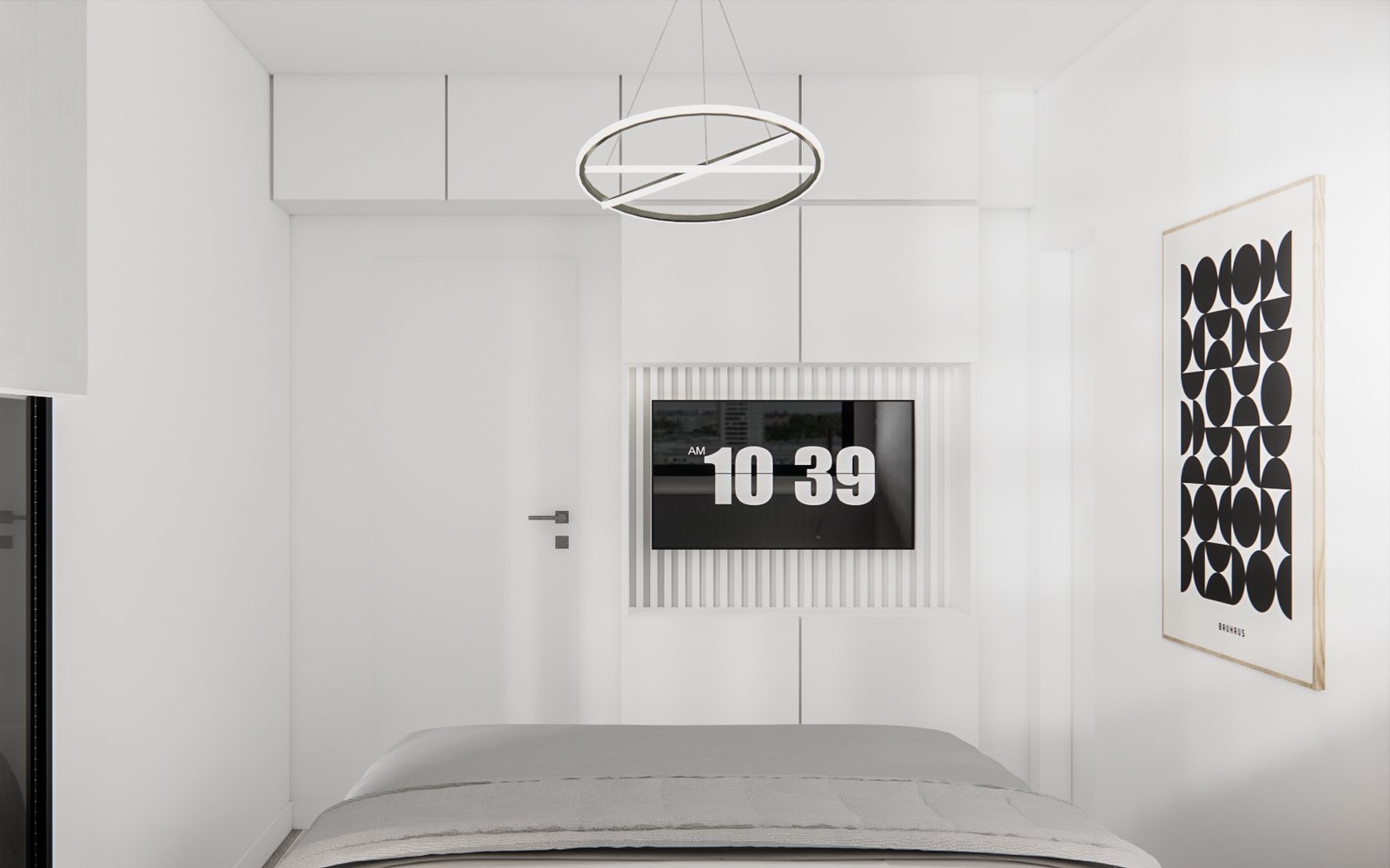 dormitorio moderno minimalista con cama blanca y luz circular — proyecto Diseño de departamento minimalista, por Mela Deco Design, en Buenos Aires