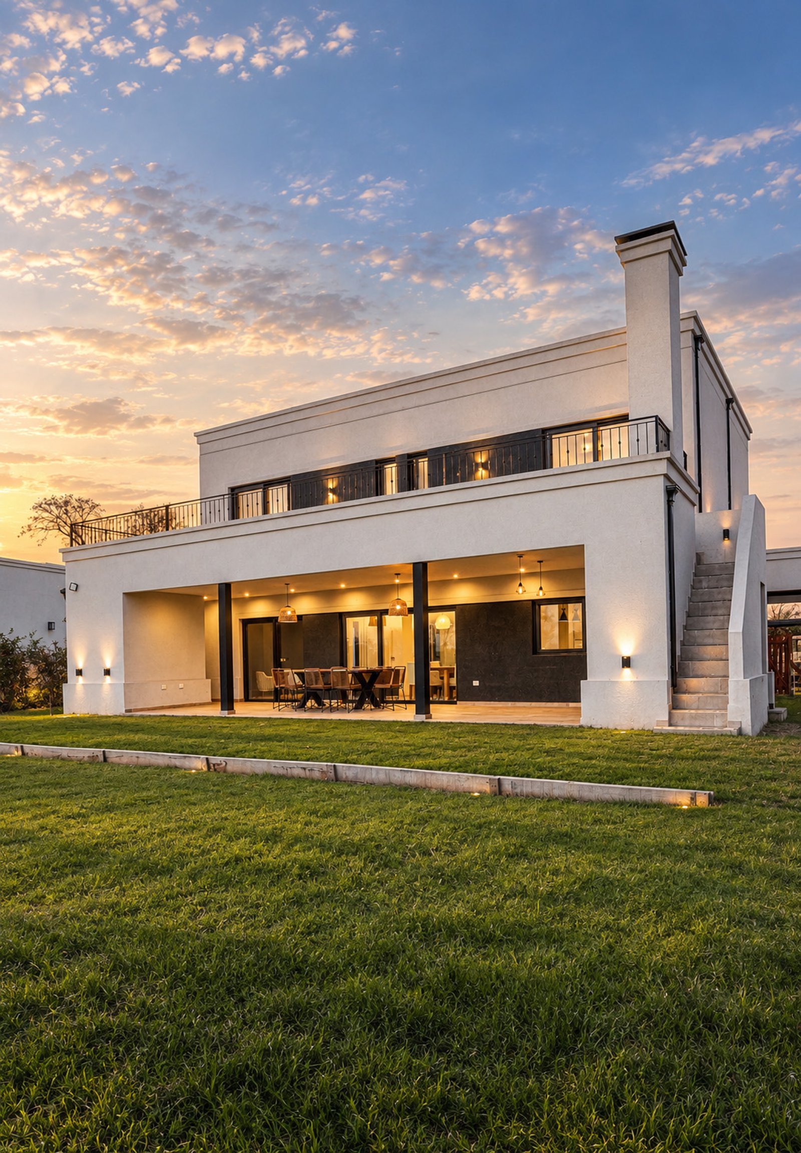 Fachada moderna com pátio coberto e gramado ao pôr do sol — projeto SS45, por EZ architects, em Pilar