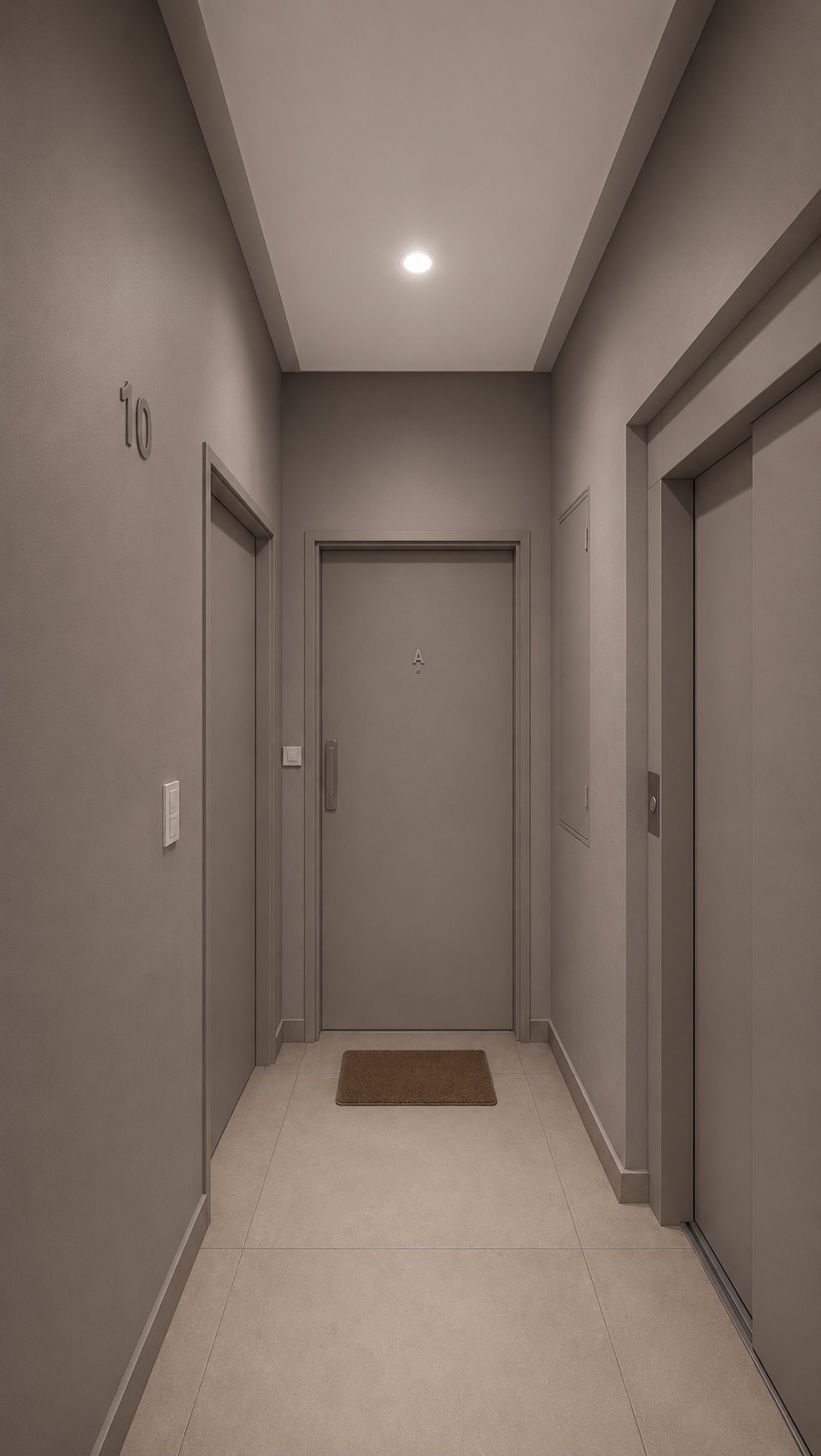 Pasillo moderno con dos puertas grises y luz indirecta — proyecto Interiorismo MyM, por Plasma co, en Lomas de Zamora