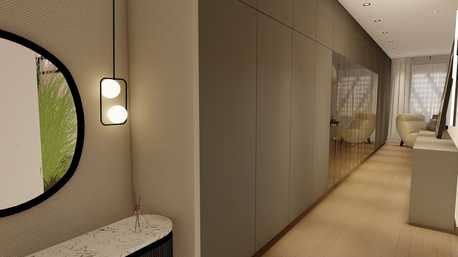Corredor moderno com espelho redondo e luz pendente geométrica — projeto Casa FG, por L8A | interiorismo & arquitectura, em Simón Bolívar 237