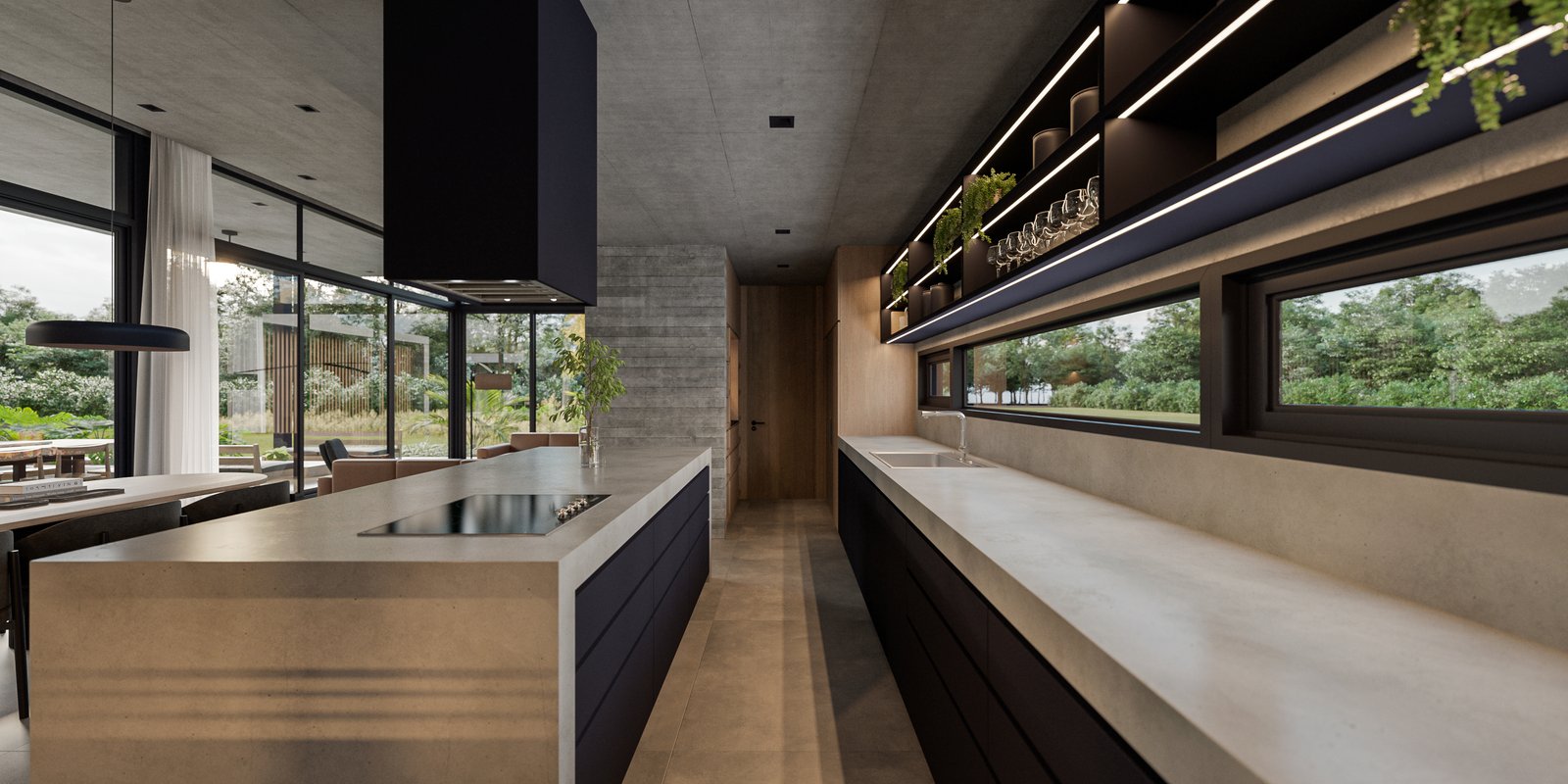 Cocina moderna con isla central, isla extractora y grandes ventanales — proyecto Casa LAZO, por Grupo CRBN, en B2812 Exaltación de la Cruz