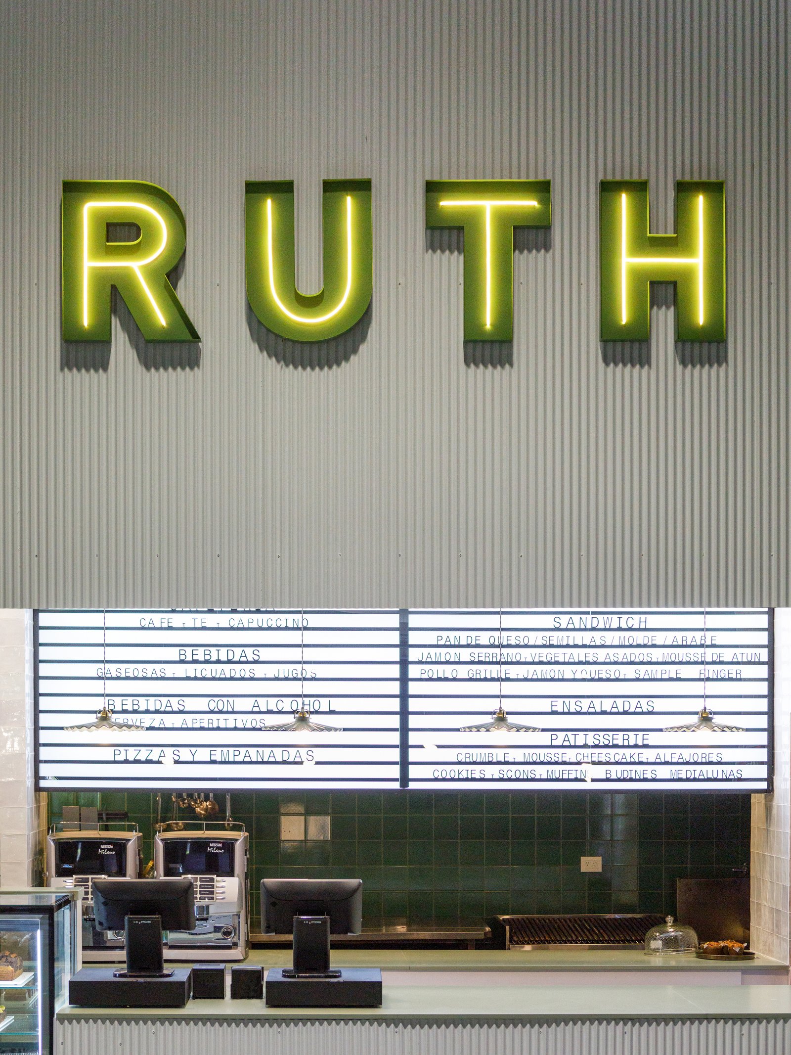 Cafetería moderna con letrero de neón verde 'RUTH' y menú expuesto — proyecto RUTH La Rural, por Estudio Losa, en Juncal 4431