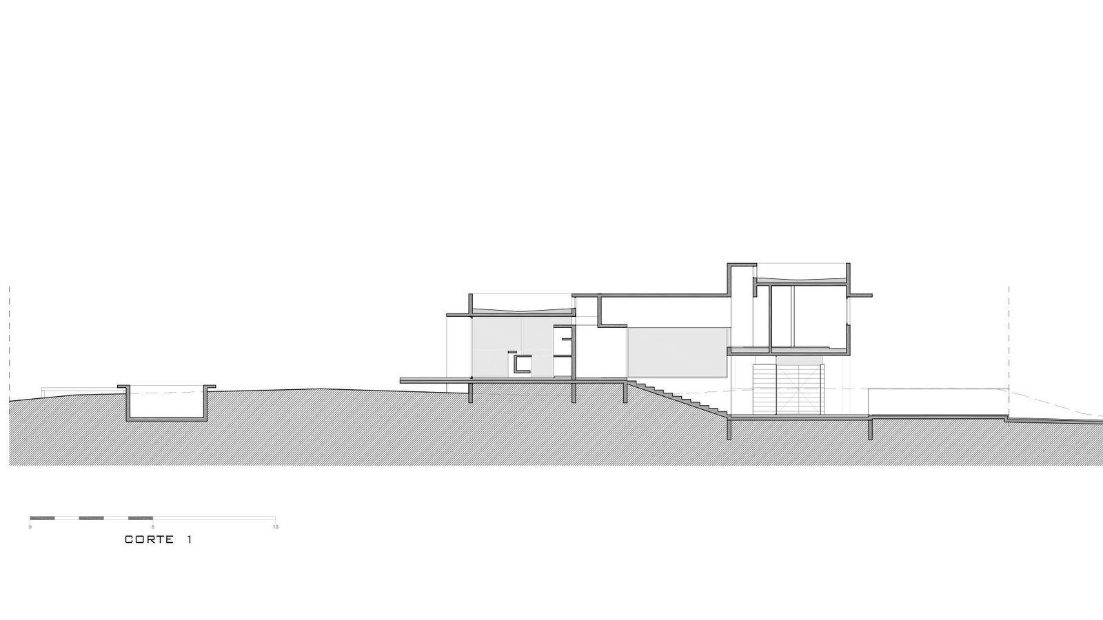 Corte arquitetônico de casa moderna com piscina e jardim — projeto Casa La Marina, por Besonías Almeida arquitectos, em X6VF+67
