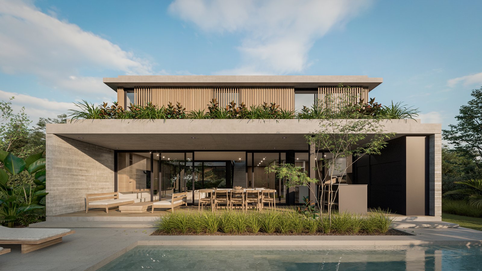 Fachada moderna con concreto expuesto, madera y piscina — proyecto Casa BEAT, por Grupo CRBN, en Av. de los Lagos 1815