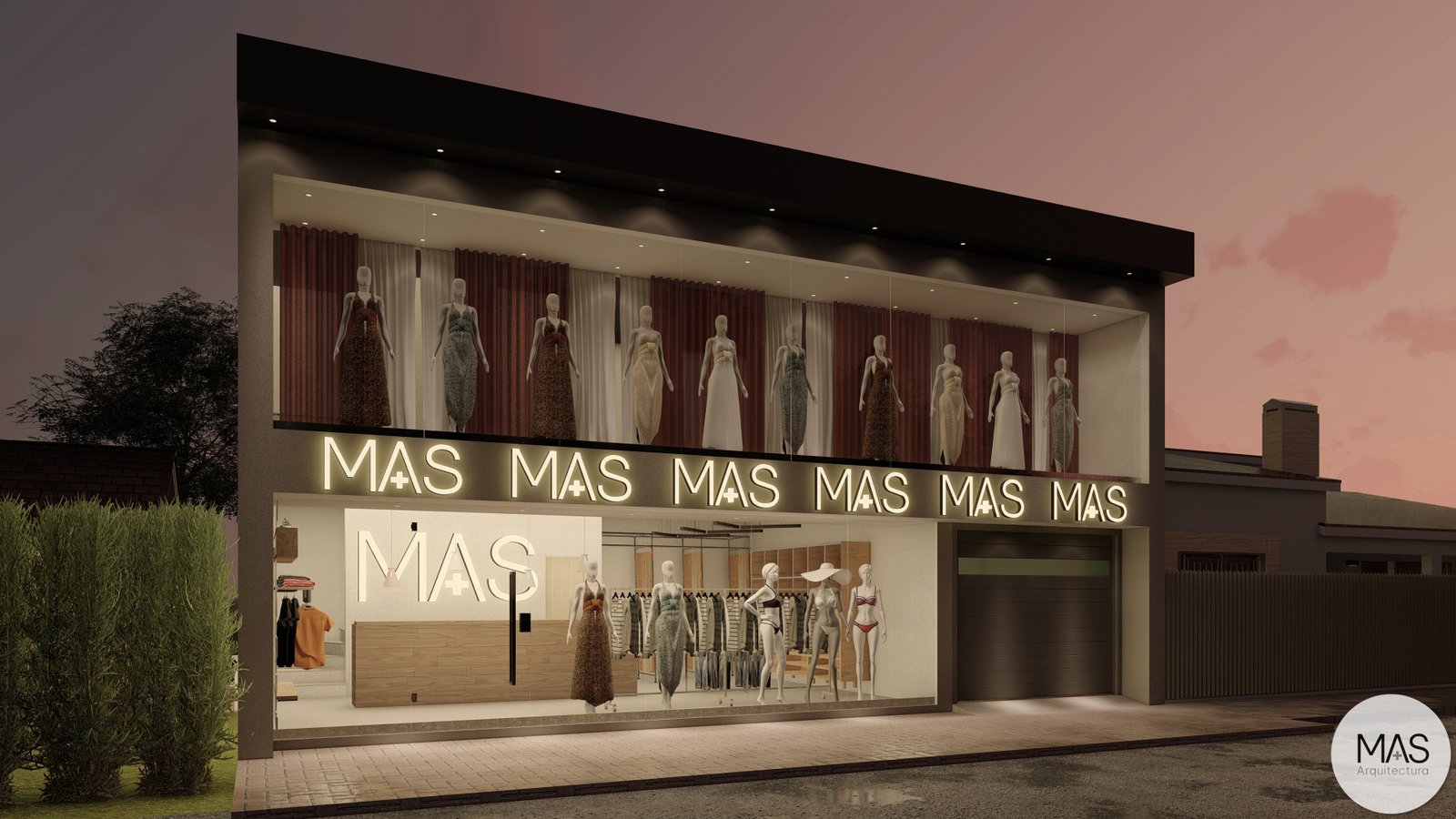 Fachada de local comercial moderno con vidrieras y luces integradas — proyecto Local Comercial Funes, por  MAS Arquitectura, en Funes
