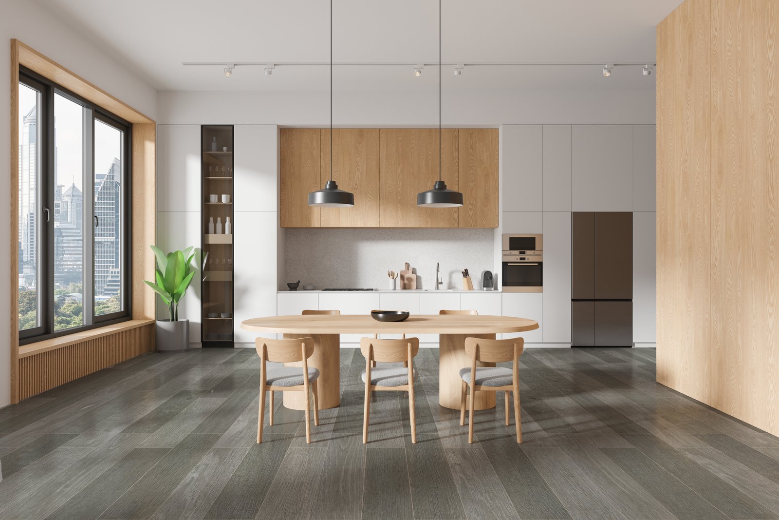 Sala de jantar moderna integrada à cozinha com ilha e vista urbana — projeto 20x80, por Cerámica Alberdi