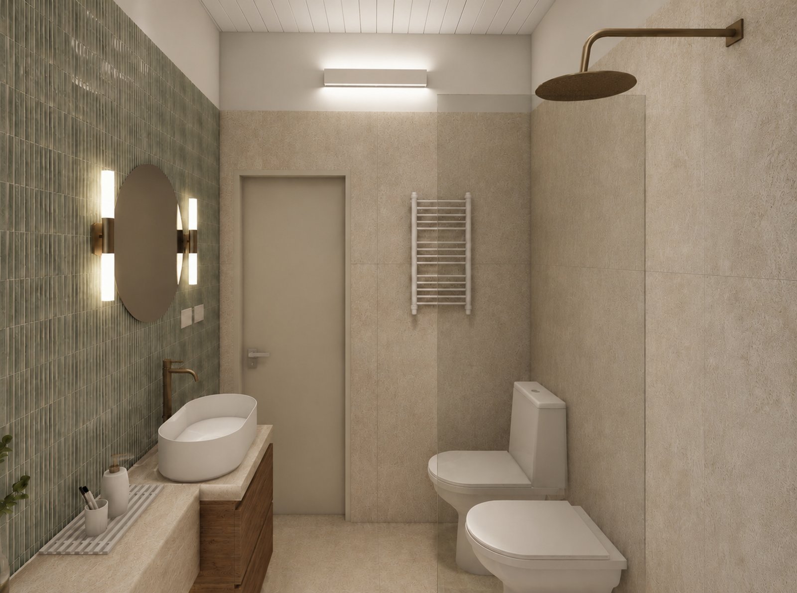 Baño moderno con paredes texturizadas y detalles dorados — proyecto Baño AE, por vetainteriores, en Mariano Marull