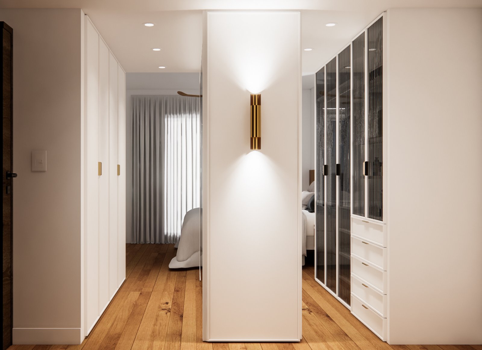 Pasillo moderno con vestidor y luz dorada — proyecto Diseño moderno de vestidor, por Mela Deco Design, en Buenos Aires