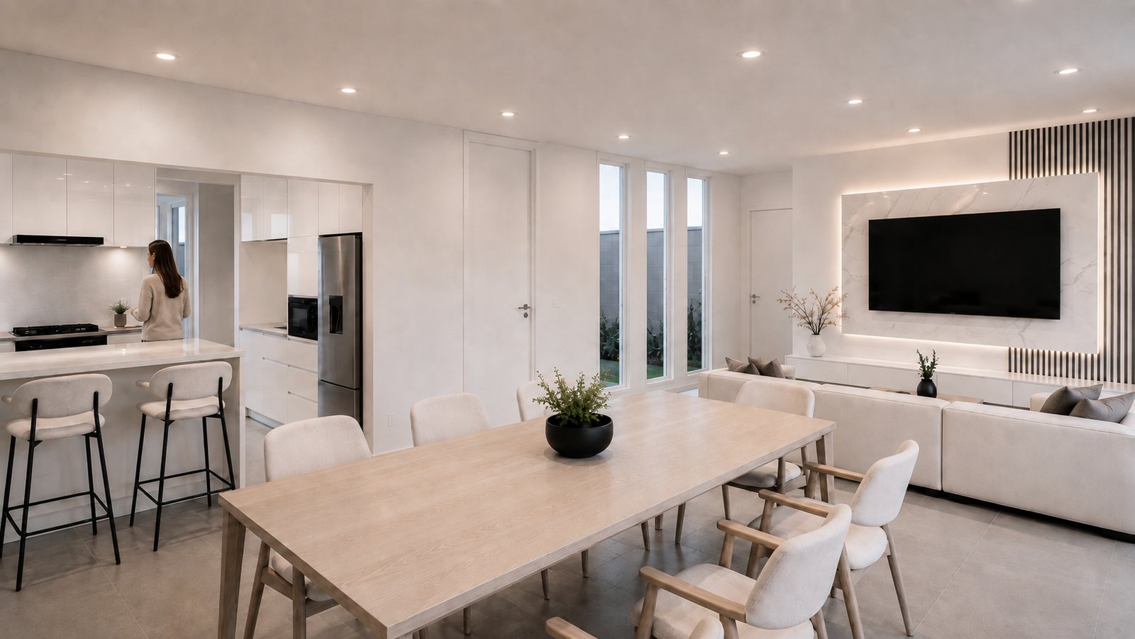 Living comedor moderno integrado con isla de cocina y sofá modular — proyecto Casa Pupy, por WILSON ARQUITECTURA, en B1667 Tortuguitas