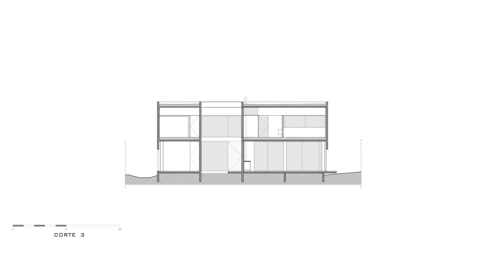 Corte arquitectónico de una vivienda moderna de dos plantas — proyecto Casa 4H, por Besonías Almeida arquitectos, en X6VF+67