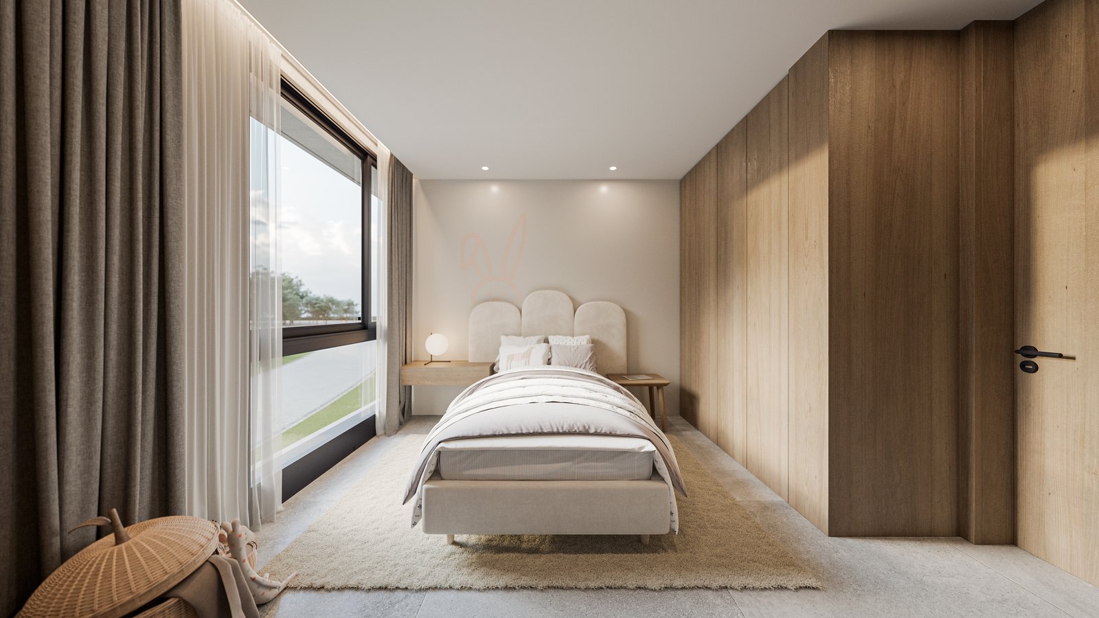 Dormitorio minimalista con paneles de madera y mucha luz natural — proyecto Casa BEAT, por Grupo CRBN, en Av. de los Lagos 1815
