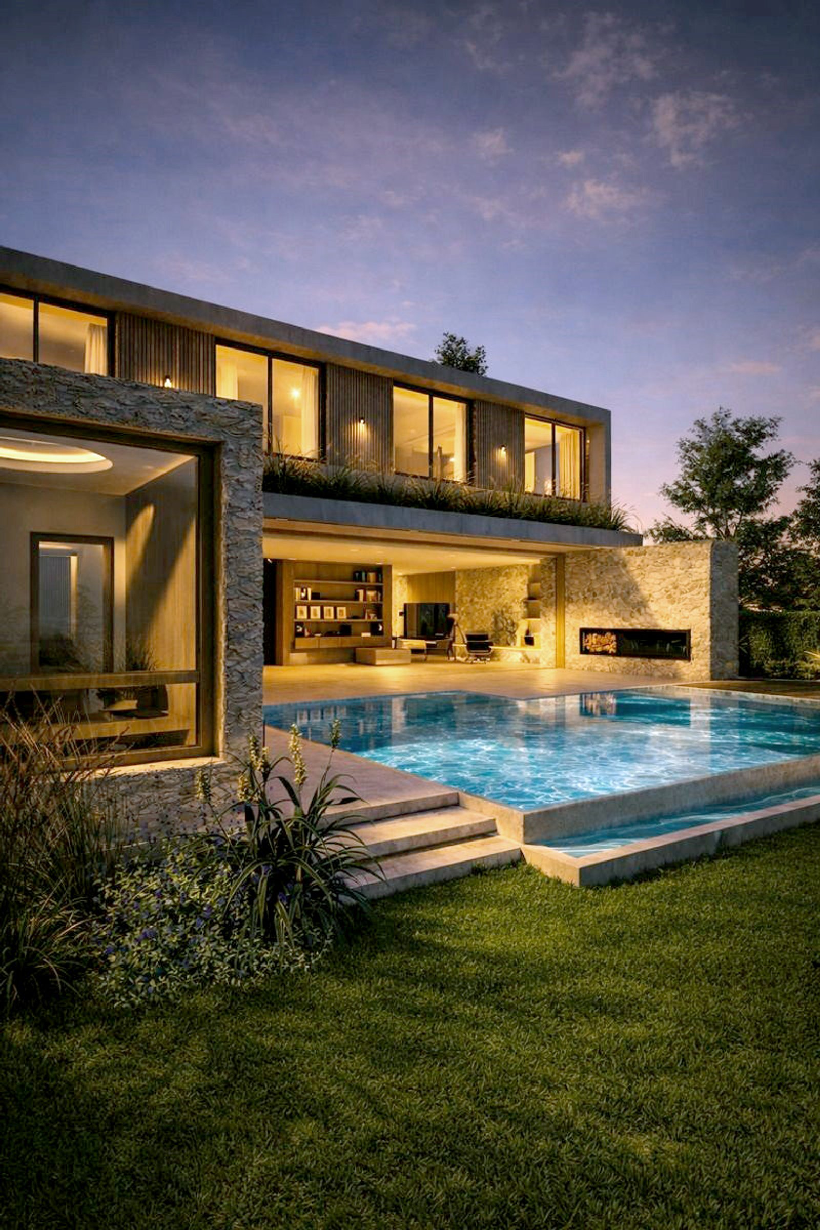 Casa moderna con piscina y luces cálidas al atardecer — proyecto Casa SC464, por EZ architects, en La Garza